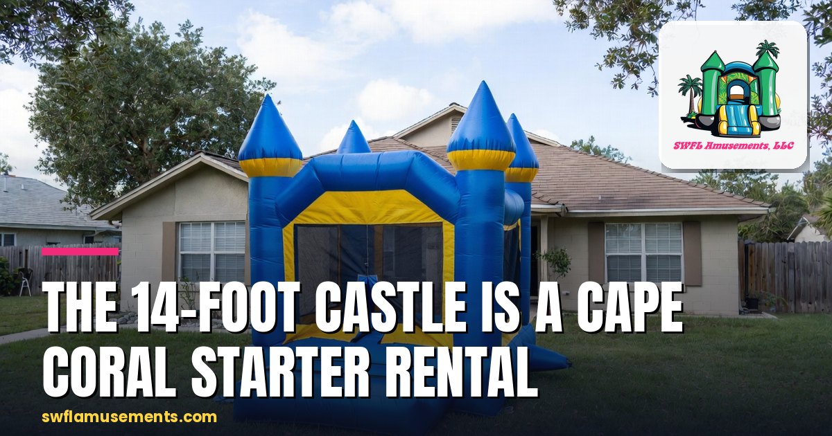 Blue and yellow castle bounce house with turrets set up on grass beside a Florida ranch house
