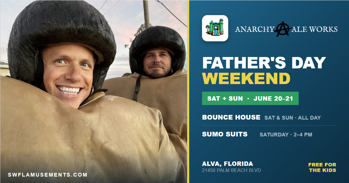 SWFL Amusements bounce house and inflatable sumo suits set up at Anarchy Ale Works brewery taproom in Alva Florida