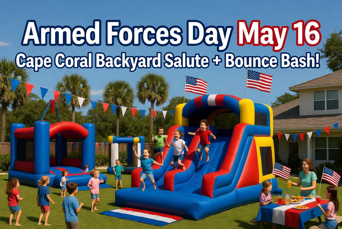 Patriotic red white and blue bounce house in a Cape Coral backyard with American flags for Armed Forces Day
