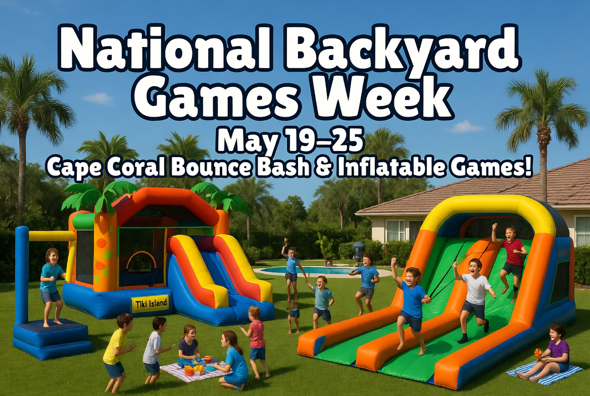 Cape Coral backyard with kids racing on inflatable bungee run beside a colorful bounce house in Florida sunshine