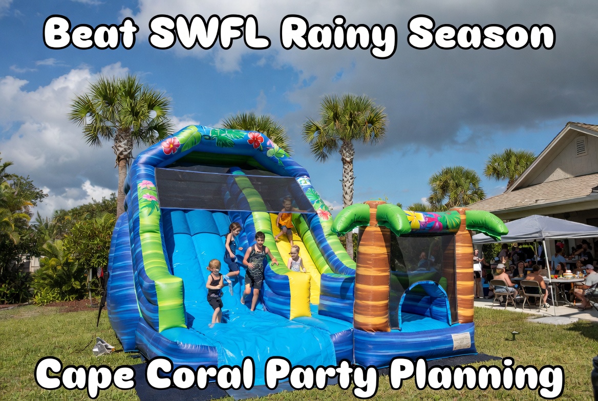 Kids bouncing in a backyard bounce house under cloudy Southwest Florida summer skies