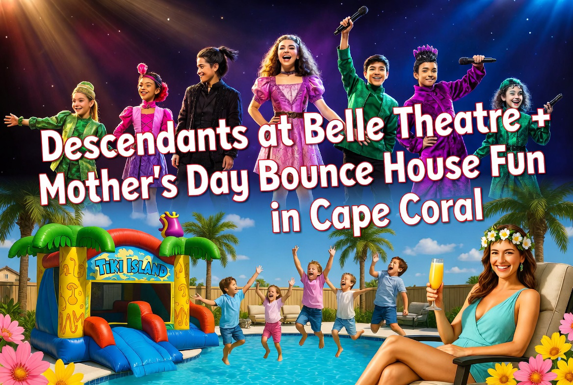 Family arriving home from a Cape Coral theatre show to a backyard bounce house party with pastel Mother's Day decor