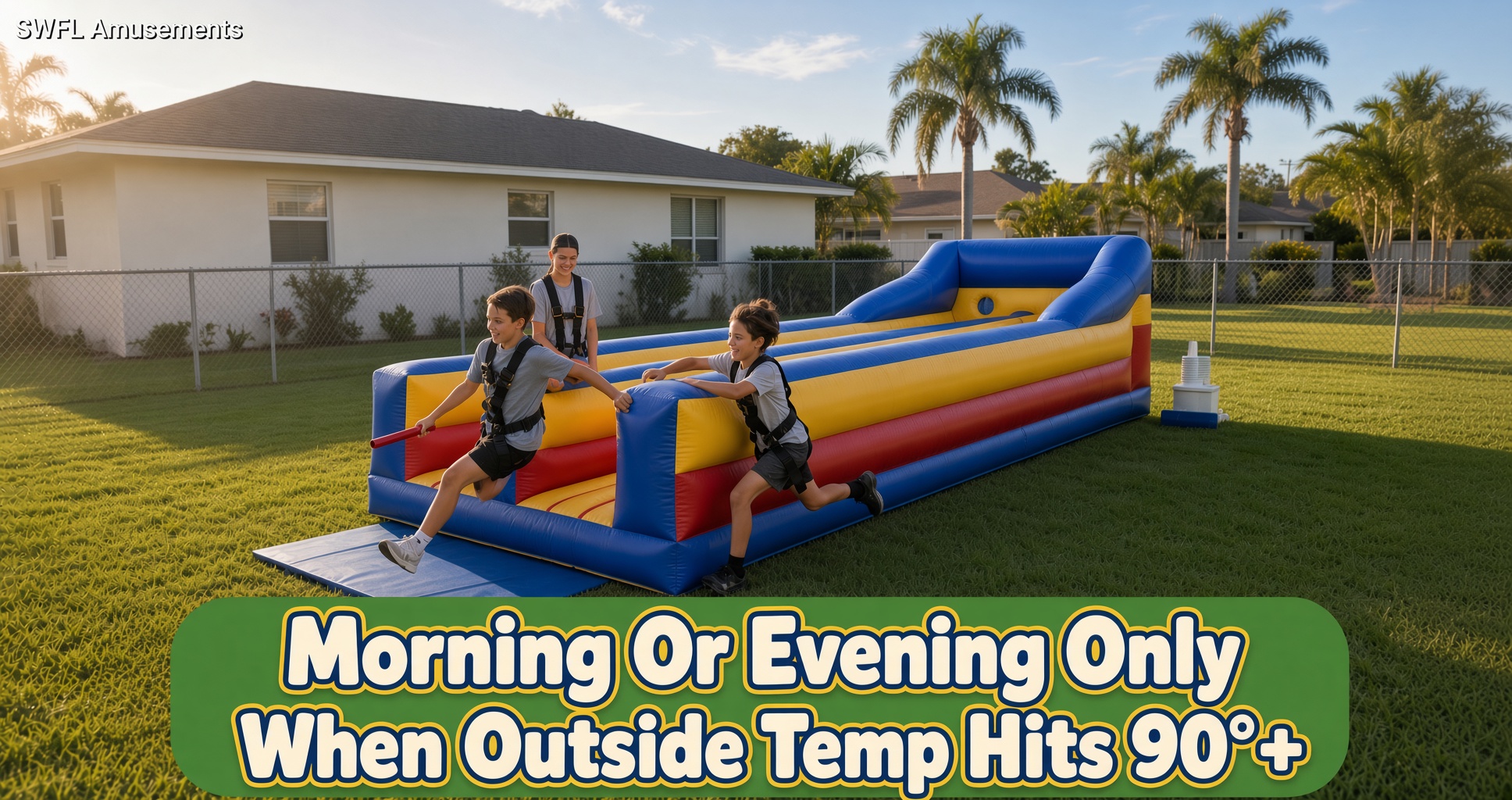 Two kids racing in harnesses down a yellow and blue two-lane inflatable bungee run on grass