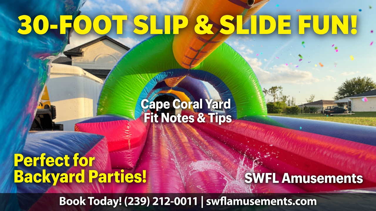 A 30-foot inflatable slip and slide stretched across a green Cape Coral backyard lawn under late June sun