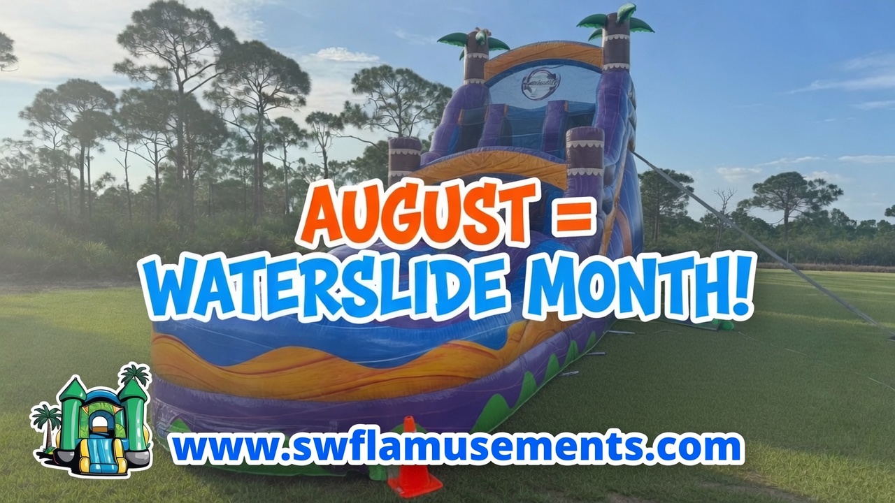 A tall inflatable water slide set up on a Cape Coral backyard lawn on a bright late-summer afternoon