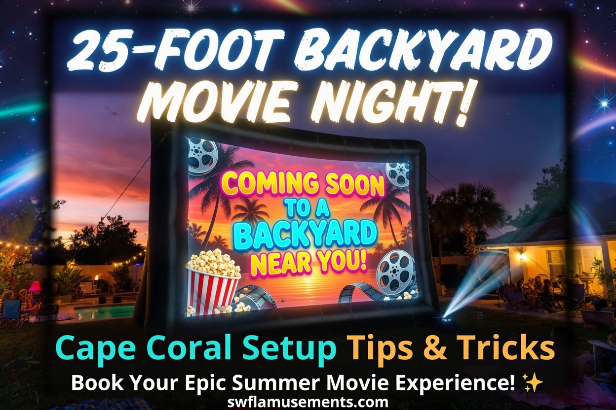 A large inflatable movie screen glowing in a Cape Coral backyard at dusk with folding chairs