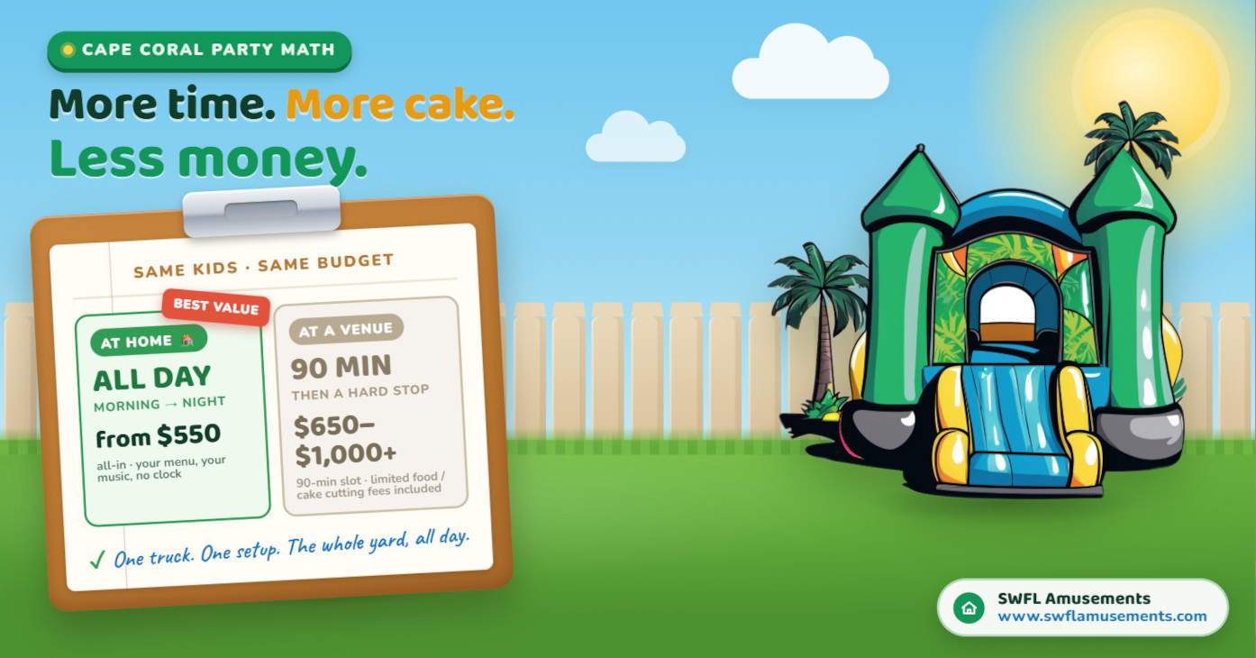 Yellow notepad with a handwritten Cape Coral backyard party budget next to a bounce house quote