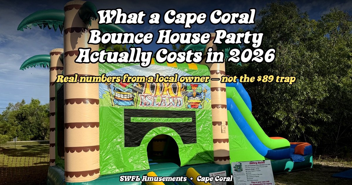 A Cape Coral driveway with a bounce house set up, folding chairs, a cooler, and a paper party budget on a table