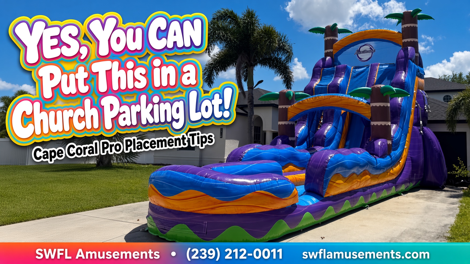 Inflatable slide set up across striped parking stalls beside a Cape Coral church building at golden hour