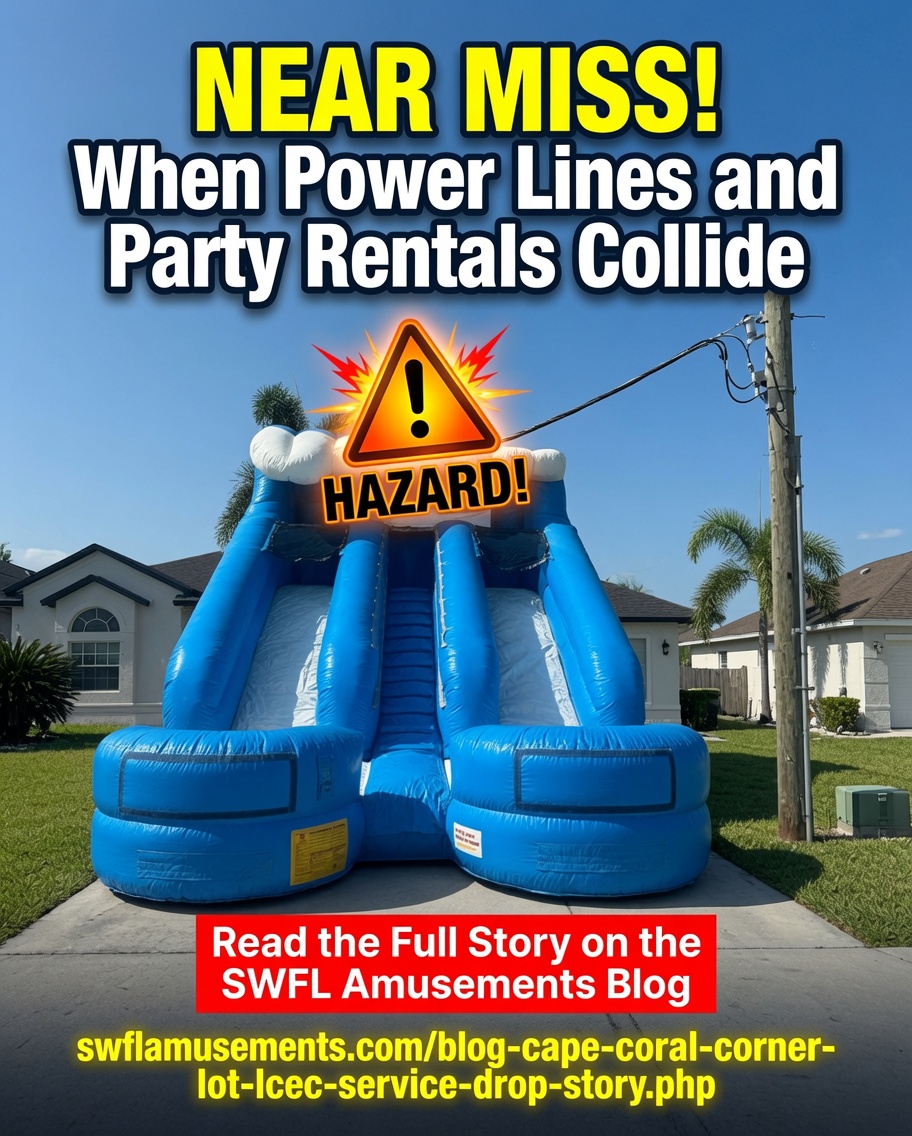 A tall inflatable water slide beside a Cape Coral utility pole with an LCEC service drop cable running diagonally toward the house