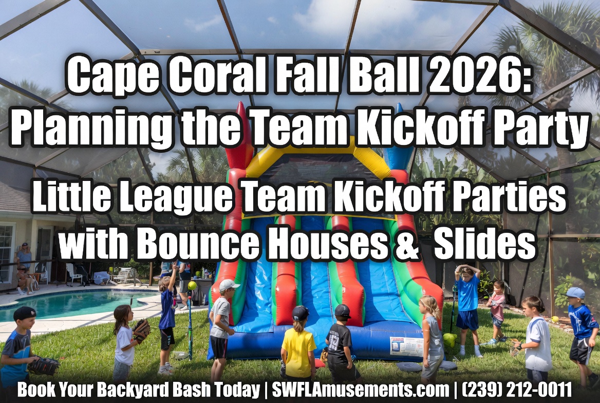 A youth baseball team gathered around a bounce house in a Cape Coral backyard at a fall team kickoff party