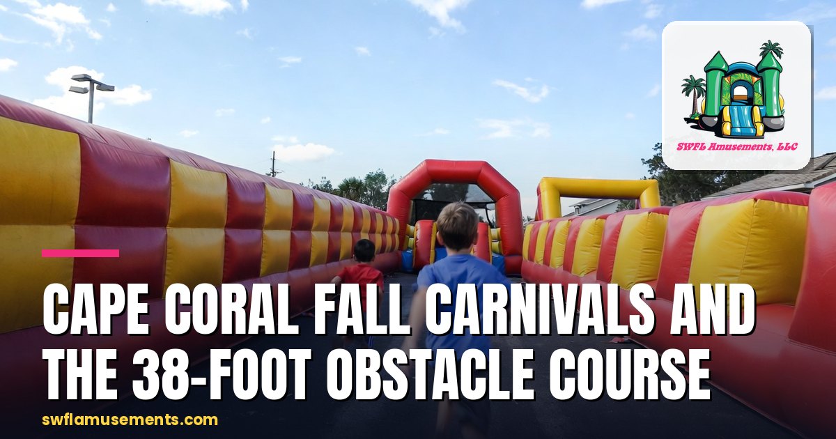 Two kids racing through a long red and yellow inflatable obstacle course on blacktop