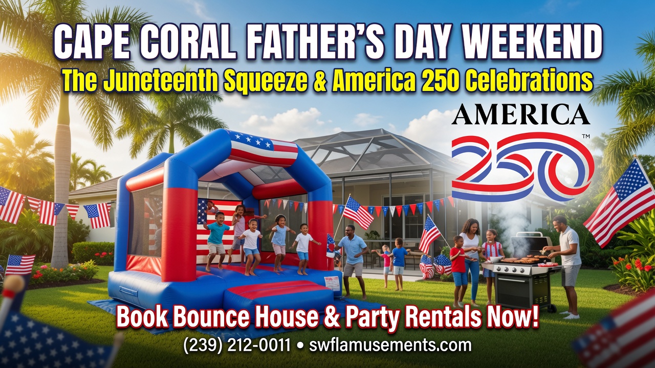 Cape Coral backyard with bounce house, picnic table set for Father's Day, palms swaying in afternoon light