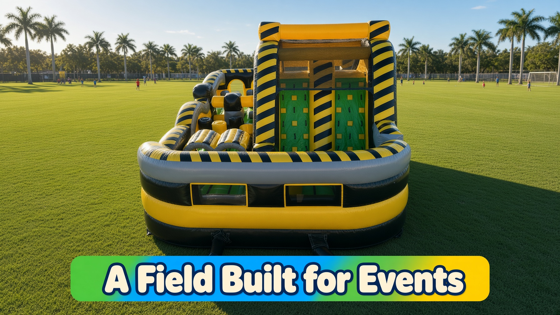 Open turf soccer fields at a new Cape Coral park with a concessions building in the distance