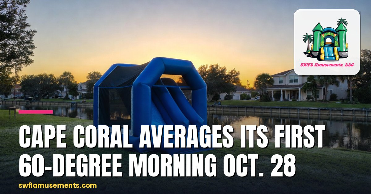 Blue bounce house on dew-covered grass at sunrise beside a Cape Coral canal home