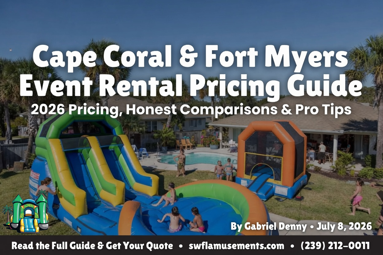 A clipboard with a Cape Coral event budget spreadsheet next to a bounce house and folding tables