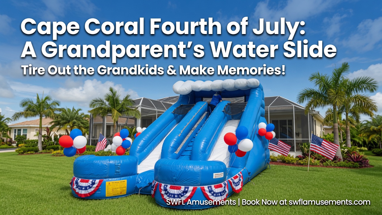 15-foot inflatable water slide on Cape Coral backyard grass with kids running through splash