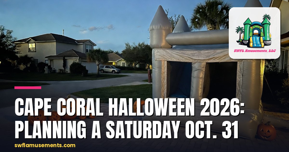 Carved pumpkins beside a castle bounce house on a Cape Coral driveway at early dusk