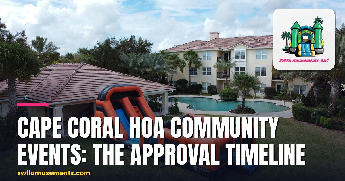 Inflatable obstacle course on a Cape Coral HOA clubhouse lawn beside a resort-style pool