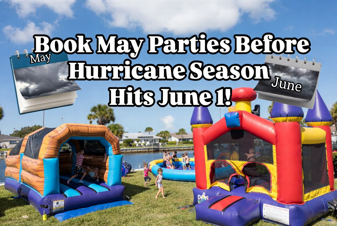 Cape Coral backyard bounce house party under bright sunny May skies before hurricane season starts