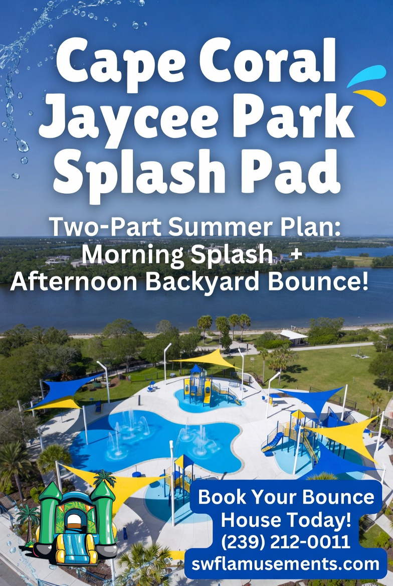 Kids at a new Cape Coral splash pad in the morning and a backyard bounce house in the afternoon