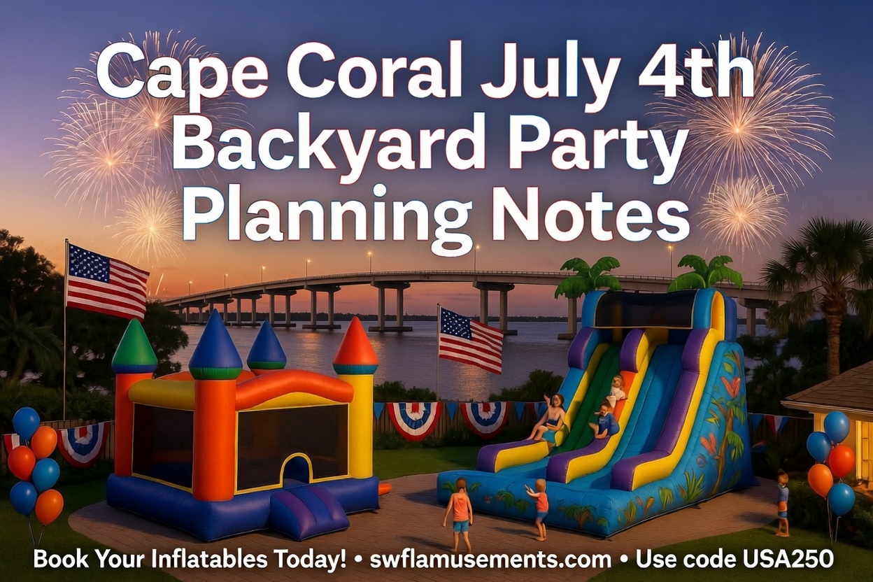 A Cape Coral backyard set up for a Fourth of July party with a bounce house and American flag bunting at golden hour