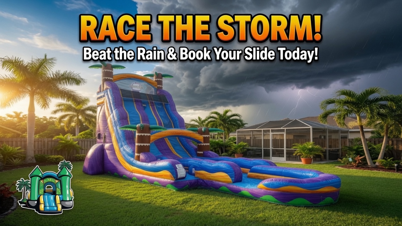 Cape Coral backyard bounce house at golden hour with clearing storm clouds overhead