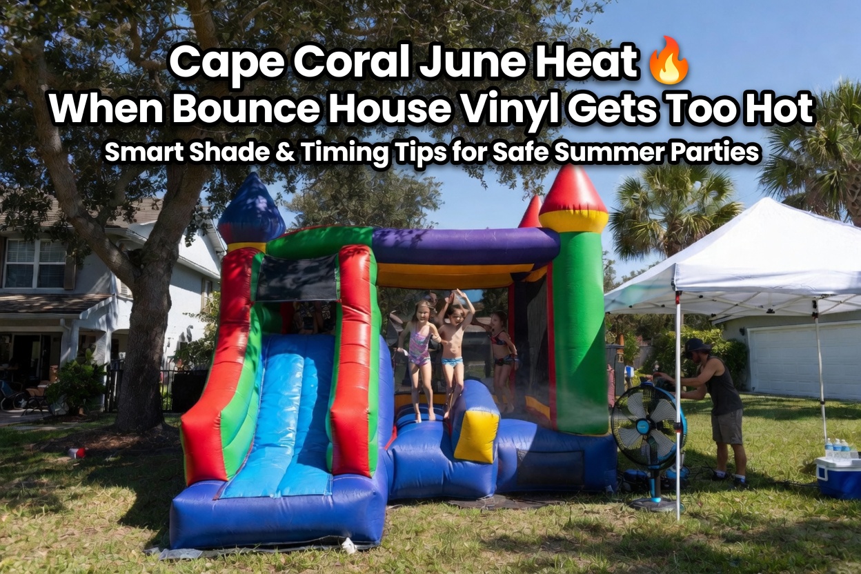 Cape Coral backyard bounce house tucked into the late-morning shade of a privacy fence on a bright June day
