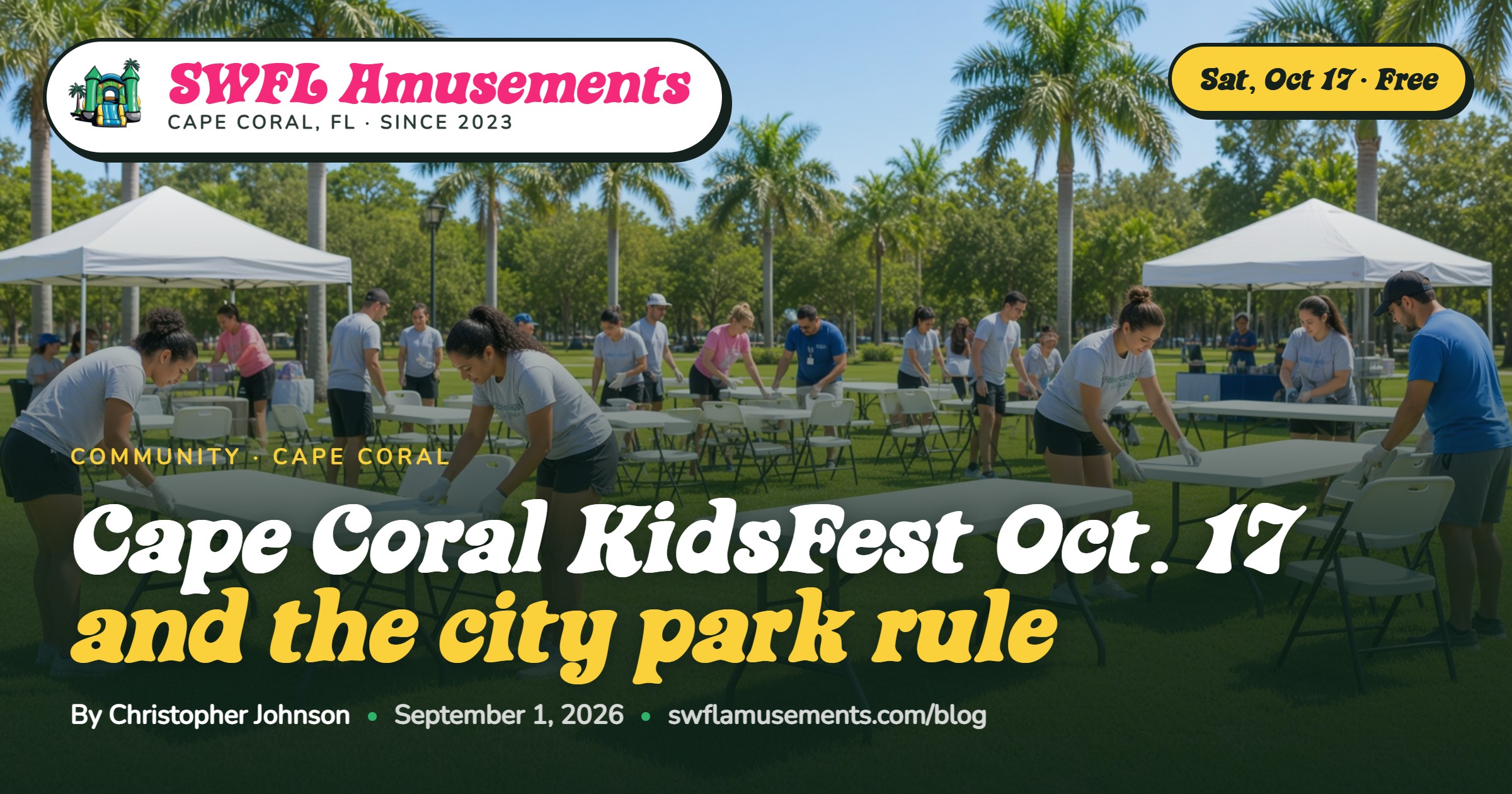 Volunteers setting up folding tables and tents on an open green park field in Florida