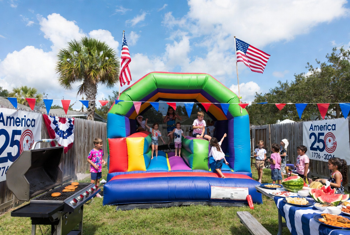 Families enjoying a backyard cookout beside a bounce house on a sunny Cape Coral afternoon