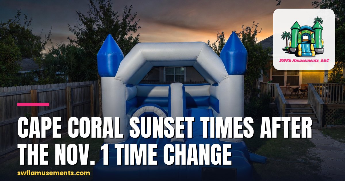 Inflatable bounce house in a Cape Coral backyard at dusk with porch lights already on