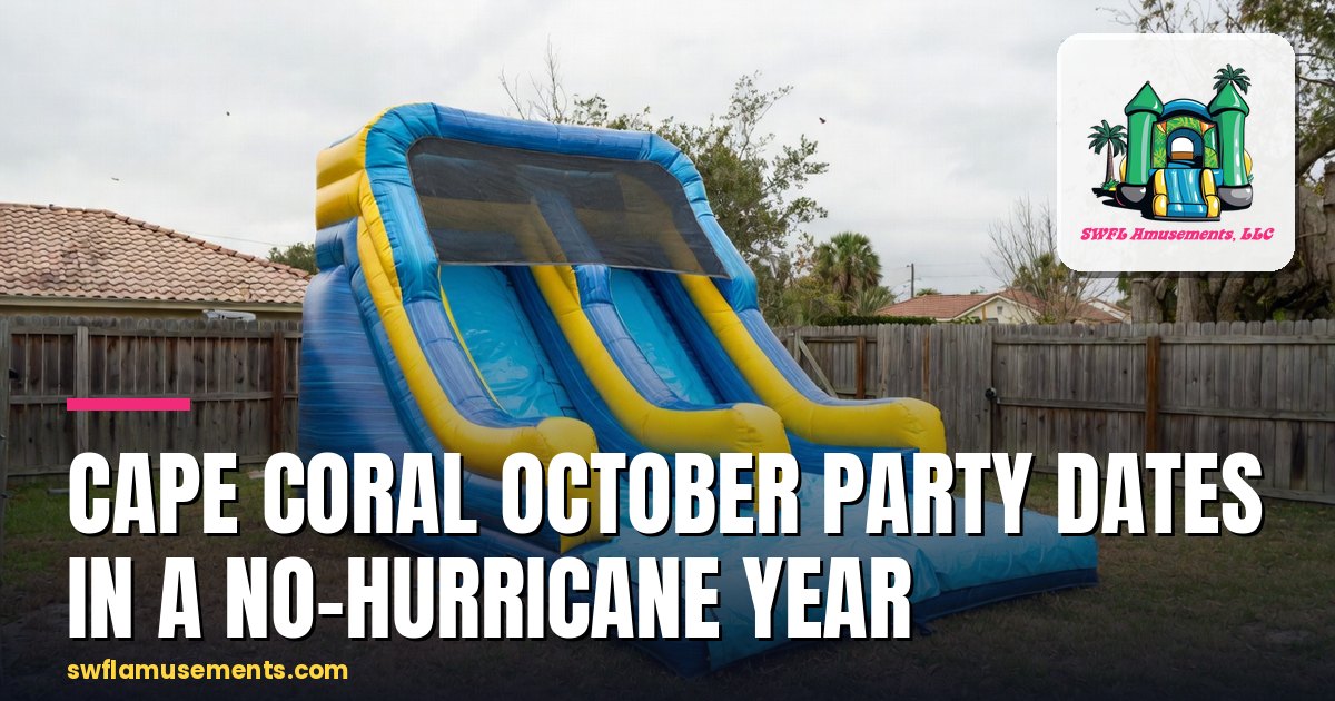 Inflatable water slide standing in a Cape Coral backyard under a breezy gray October sky
