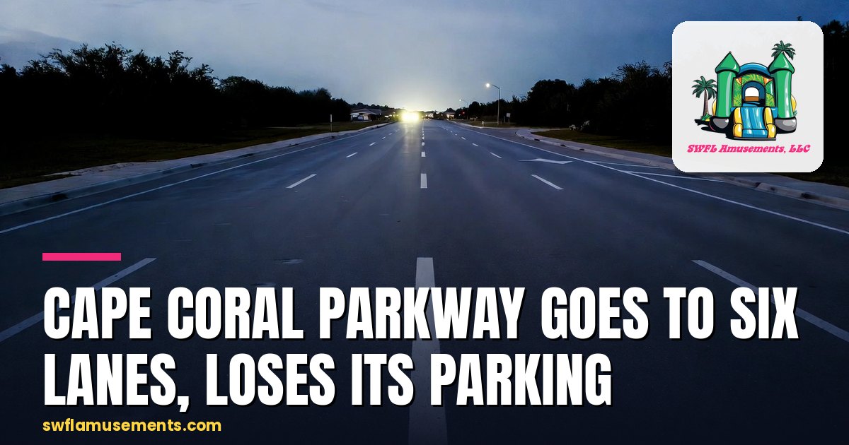 Freshly striped six-lane Cape Coral road at dusk with empty curb lanes and no parked cars