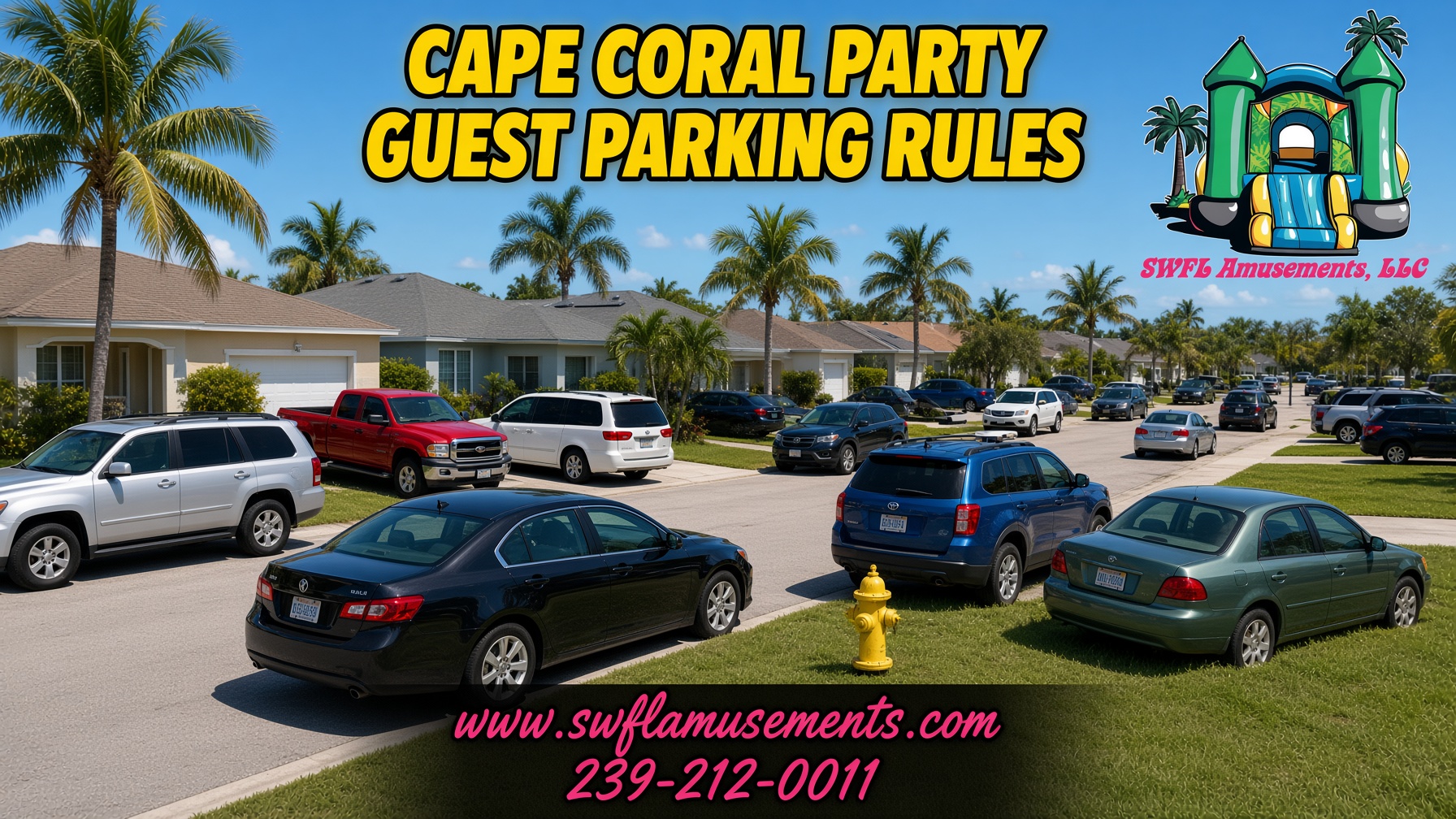 Cars parked along a Cape Coral residential street with a bounce house in the backyard
