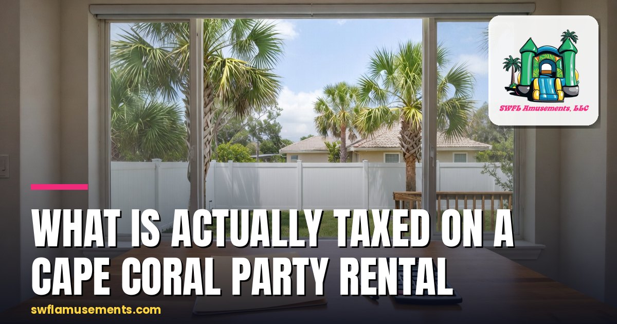 Printed party rental invoice on a kitchen table beside a calculator and a Cape Coral yard through the window