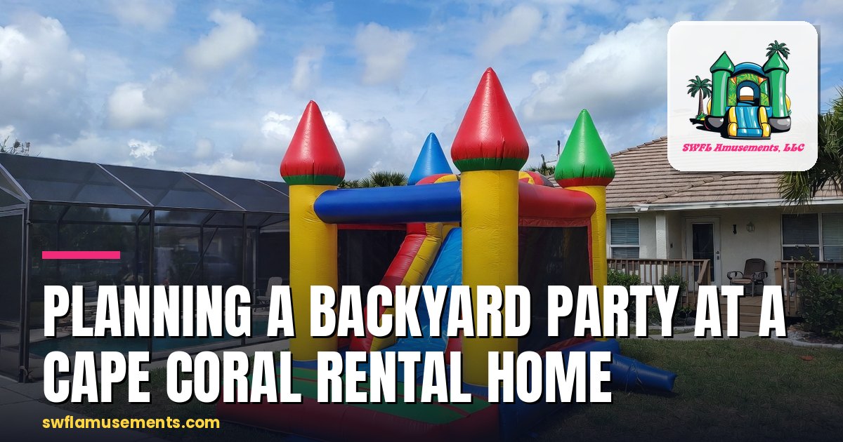 Inflatable castle on the lawn of a Cape Coral rental home beside a pool cage