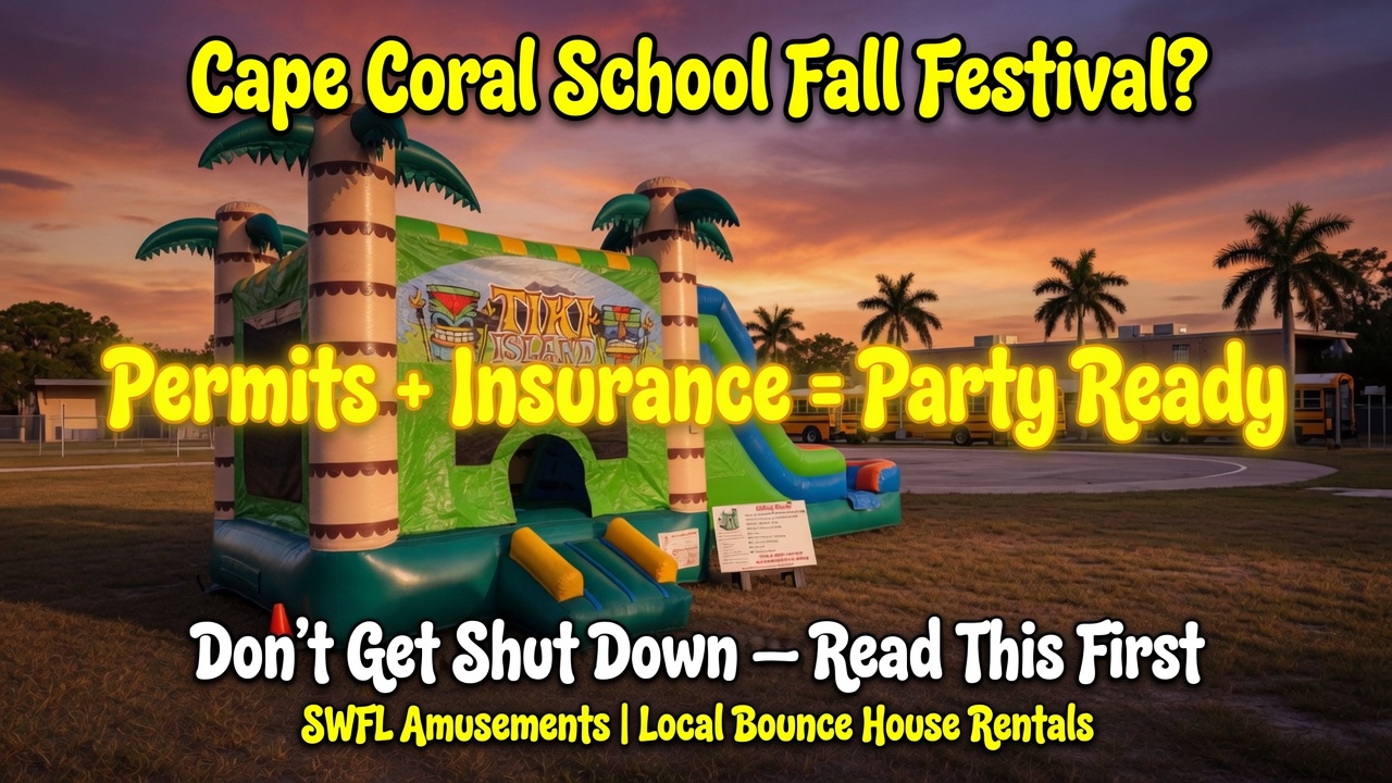 Volunteers setting up an inflatable on a Cape Coral school field beside a bus loop at dusk