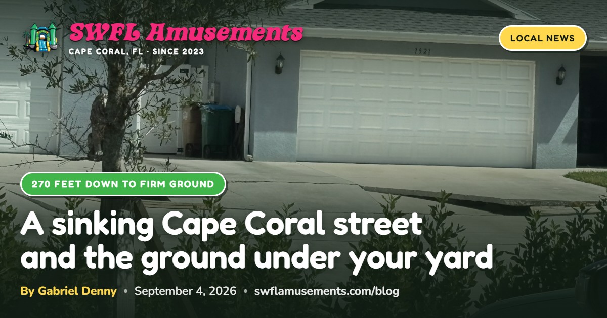 Repaired asphalt patch on a quiet Cape Coral residential street beside a settled concrete driveway