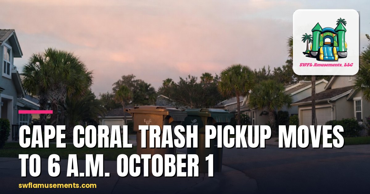 Tan and green curbside trash bins at the edge of a Cape Coral driveway at dawn