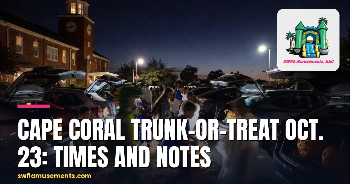 Costumed children walking between decorated car trunks at dusk outside a Florida city hall