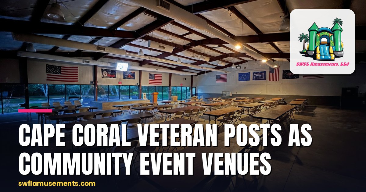 Folding tables and chairs arranged inside a Cape Coral veterans hall before an evening fundraiser