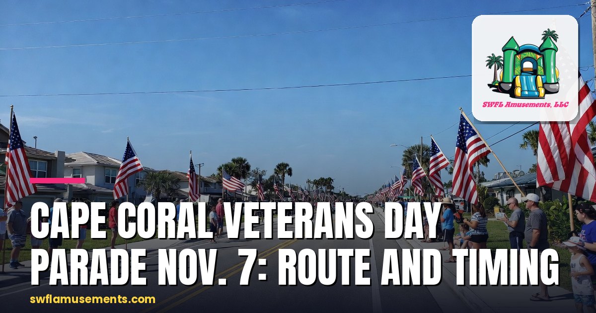 American flags lining a sunlit Cape Coral Parkway sidewalk as families watch a parade pass