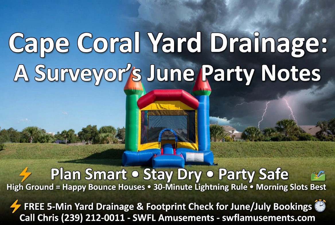 Cape Coral backyard bounce house on the highest crown of a sodded lot under a June afternoon sky