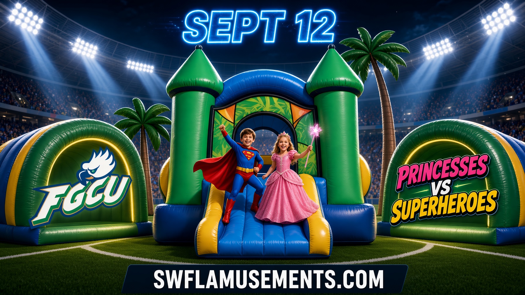 Kids in capes and princess costumes crossing a university campus lawn toward inflatable games