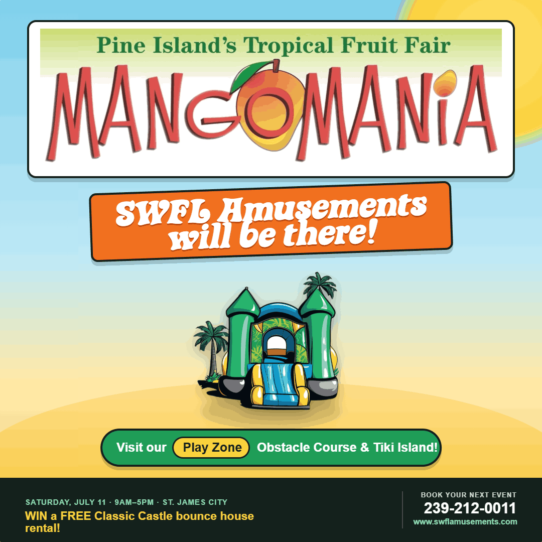 SWFL Amusements crew setting up an inflatable obstacle course at a Southwest Florida outdoor community festival.