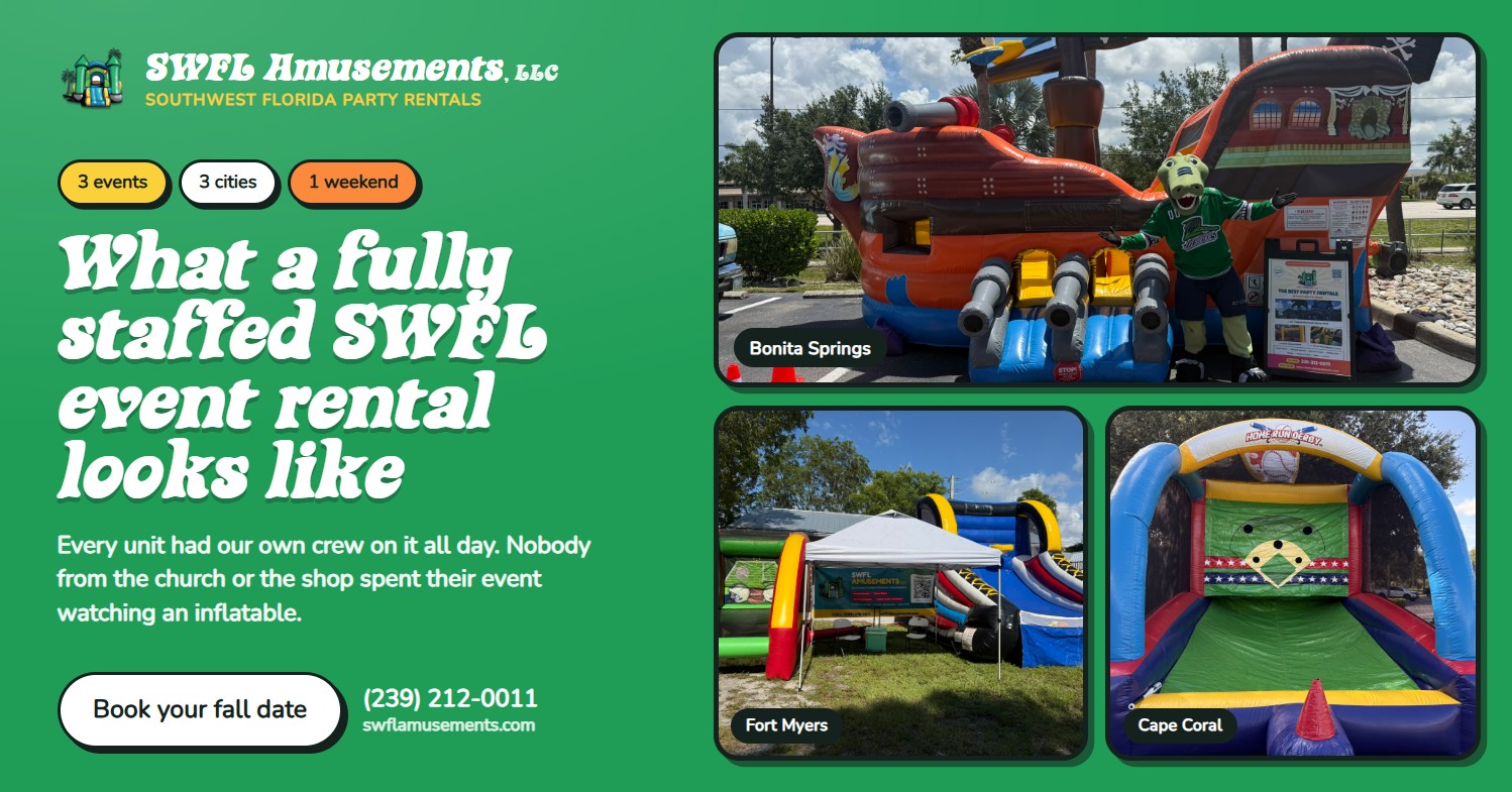 Uniformed crew member staffing an inflatable at a busy outdoor church campus event in Florida