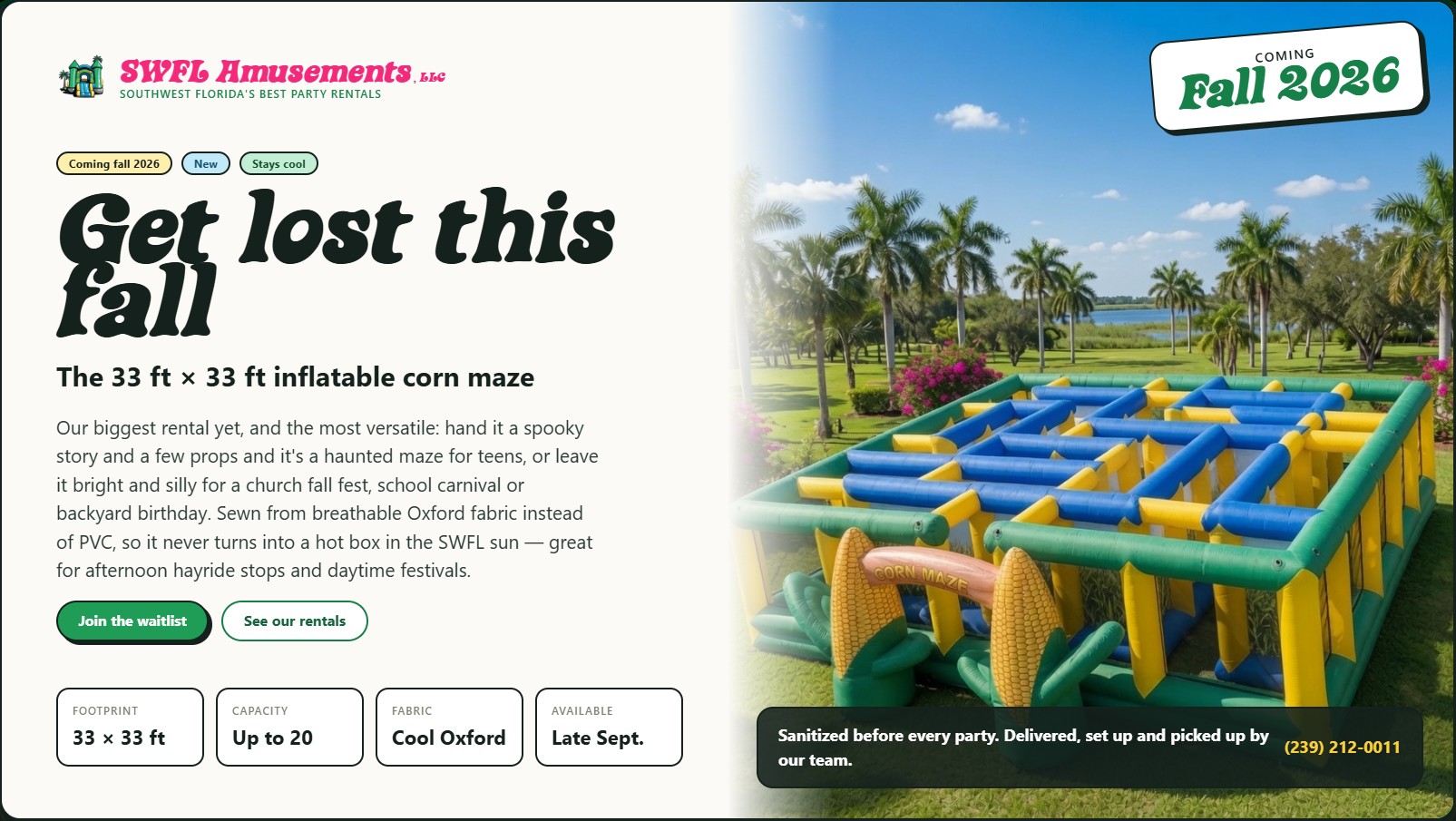 Manufacturer rendering of a giant inflatable corn maze staged on a Cape Coral church lot