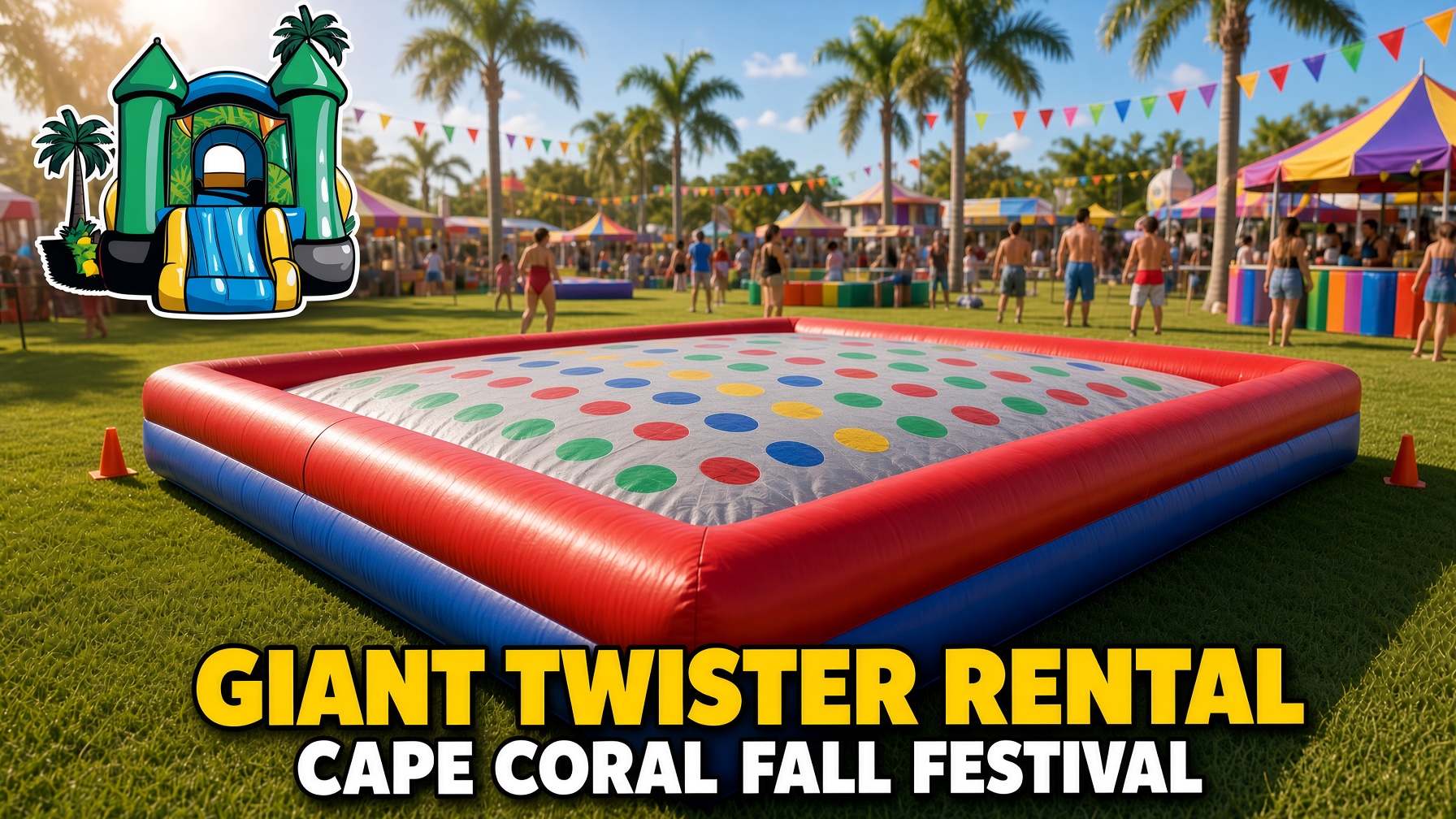 Kids and adults tangled on a colorful inflatable Twister mat at an outdoor school festival
