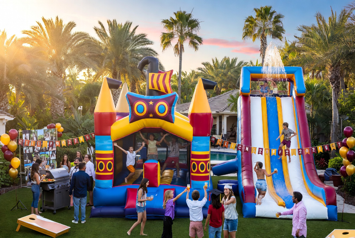 High school graduates celebrating at a backyard graduation party with a bounce house in Southwest Florida