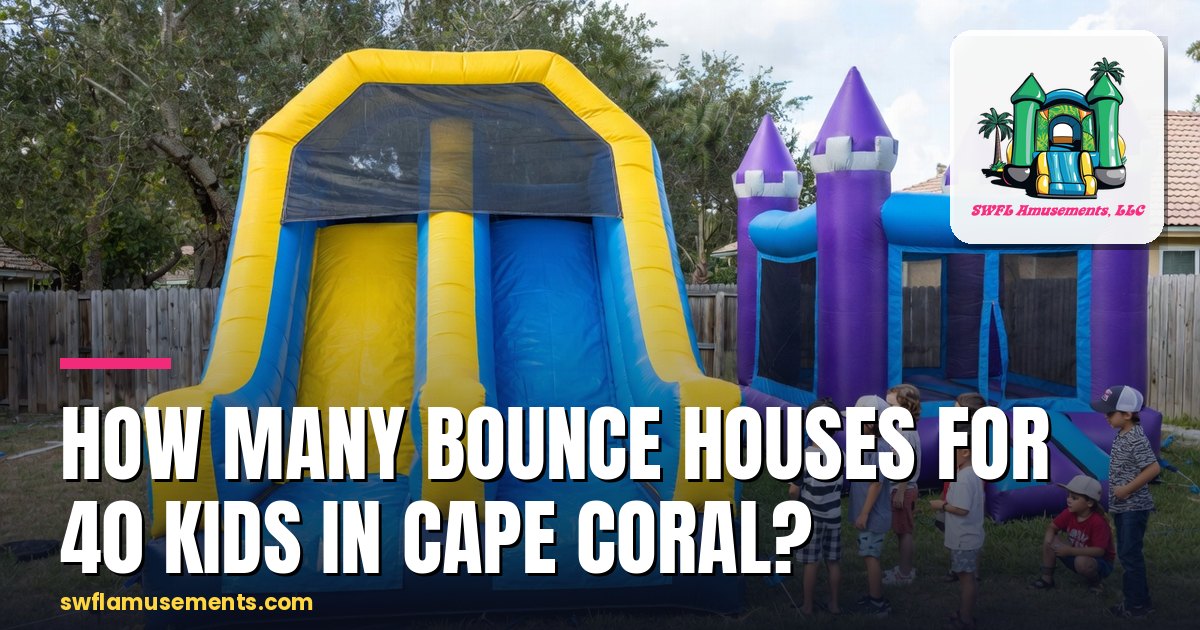 Kids queueing at a dual-lane inflatable slide beside a castle bounce house, Cape Coral backyard
